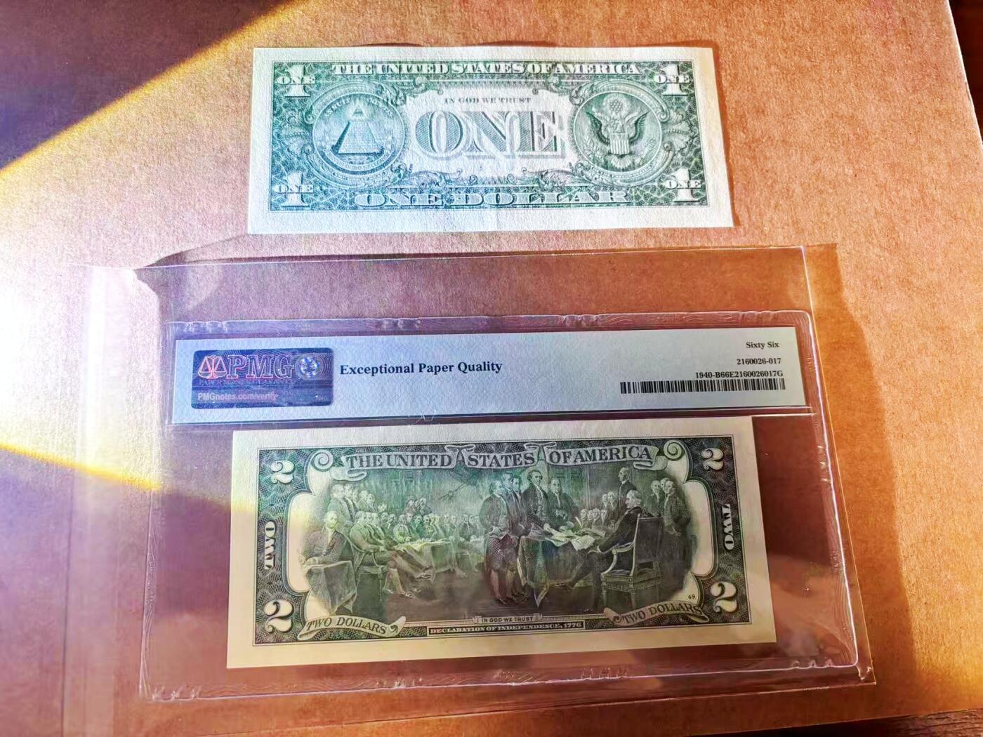 【Blue Auction】世界纸币精拍第772期——18级TOP拍卖/信誉/品质/专业/高效💫 【一组2张】美国 2013年2美金 PMG66EPQ&美国 2013年1美金 AU品相