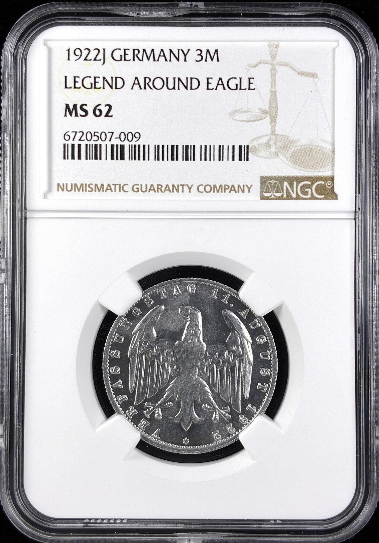 【雨安】【直播拍卖】【第0123期-评级币章】2026-01-10 周六 19:30 [评级德国] Germany 德国 魏玛 3马克 1922年  NGC-MS62