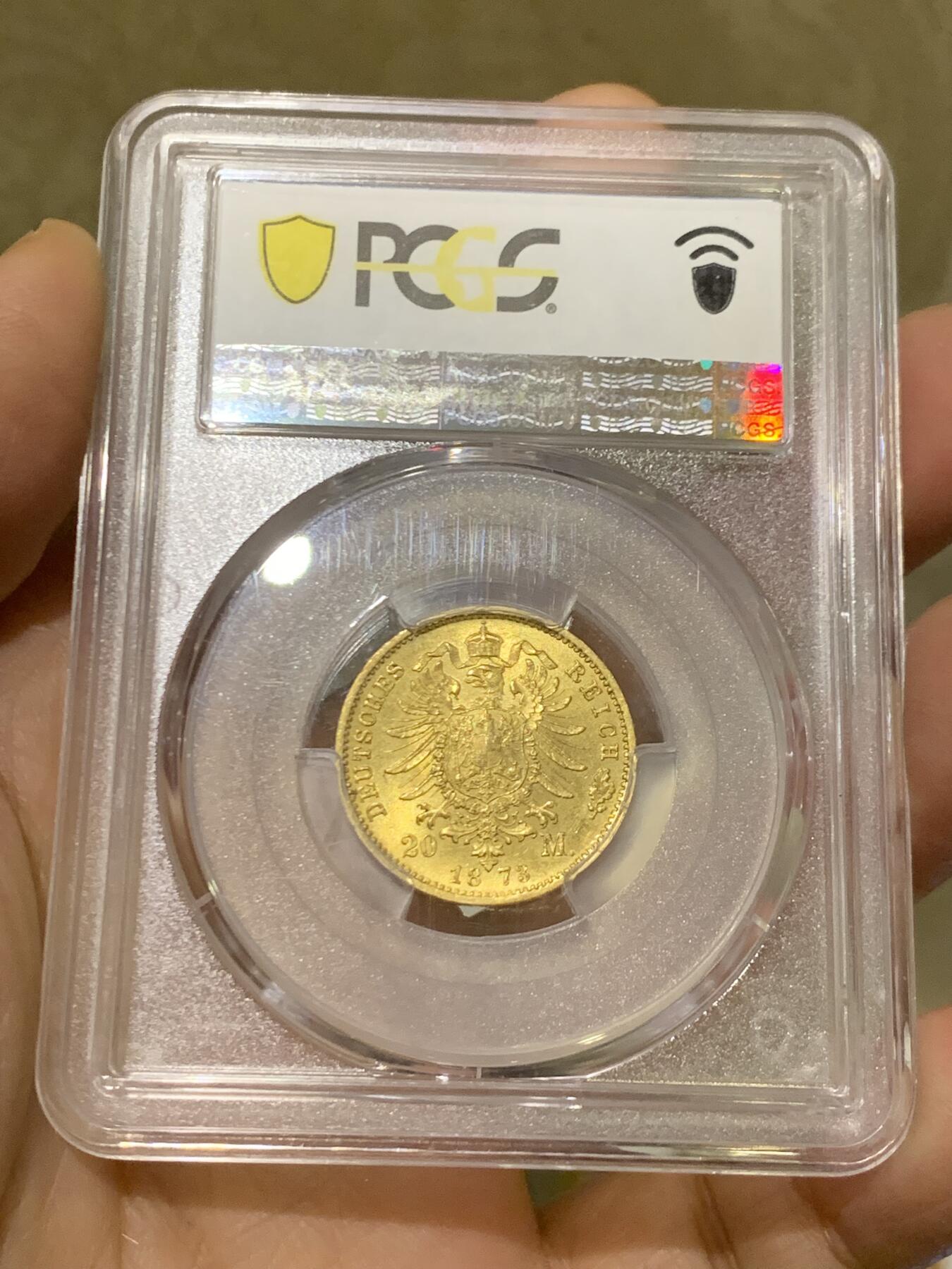 《竞宝斋》第455场 周日，周一 2场连拍 （全场包邮，欢迎送拍） PCGS MS65 德国巴登大公国 1873年20帝国金马克金币 热门的德二短翅鹰 高分极好 1872昆克裸币成交价2.2万