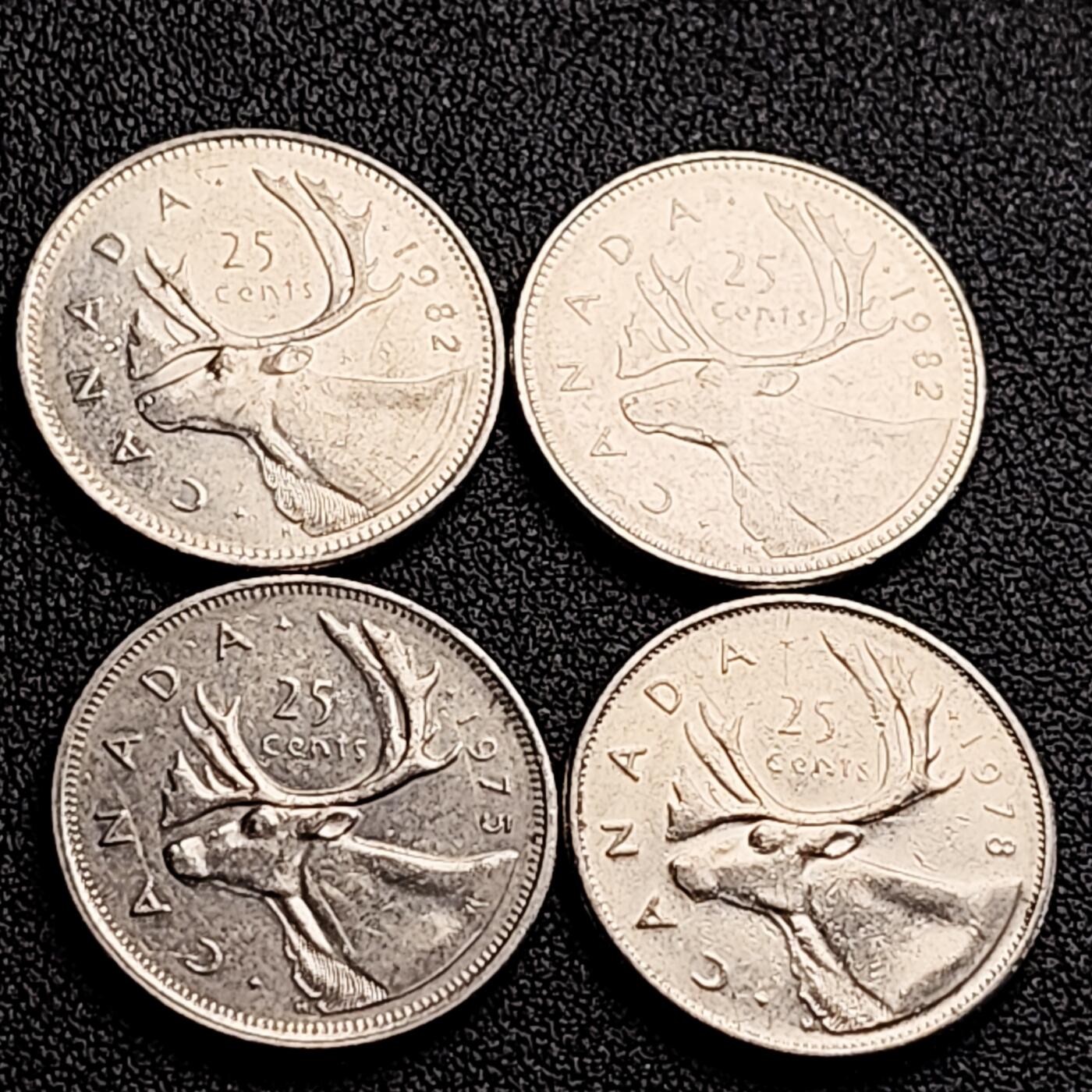 泉币菌-第164场-新年第七场 精品福利场 高币值 一加元 一组4枚 加拿大驯鹿1/4元 英国伊丽莎白二世女王像 23.9mm