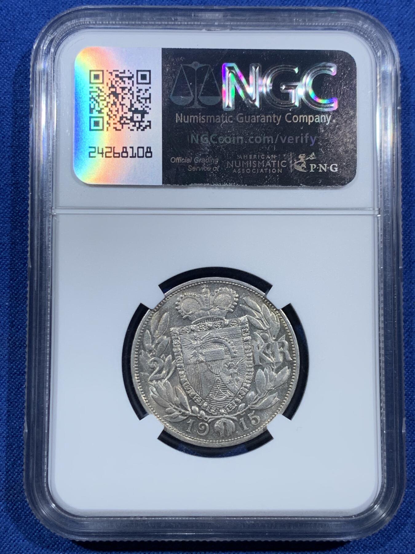 《竞宝斋》第455场 周日，周一 2场连拍 （全场包邮，欢迎送拍） NGC MS61 列支敦士登1915年约翰二世2克朗银币 发行量37500枚