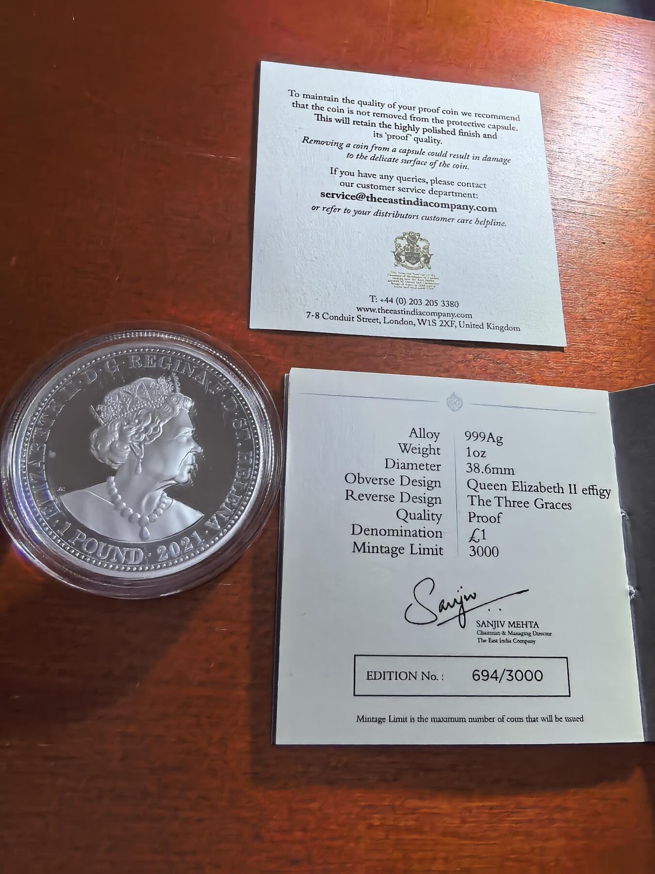 长老汇蛇年精选第九十二场拍卖 2021圣勒赫拿岛美惠三女神1英镑精制银币，1盎司999银，3000枚，盒证全，市场价2300