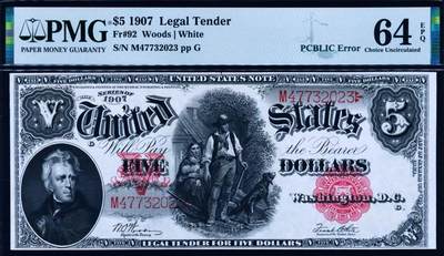 【Blue Auction】世界纸币精拍第772期——18级TOP拍卖/信誉/品质/专业/高效💫 - 【Fr.92少见Woods-White组合末签 该品种最后一个fr 评级量远少于常见的Fr.91仅占4% 而且该张为错钞】美国 1907年5美金 经典伐木工 杰克逊 背绿 PMG64EPQ 全新原票 