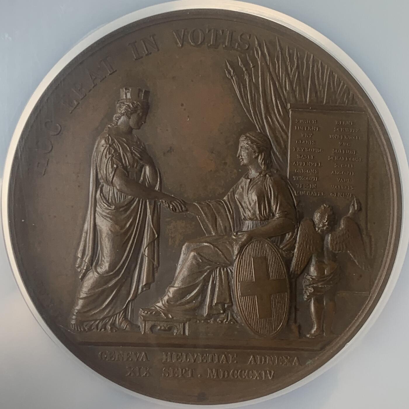 掌中浮雕-藏着的欧洲第048场 NGC MS63 : 1824年日内瓦加入瑞士邦联10周年纪念铜章，57mm