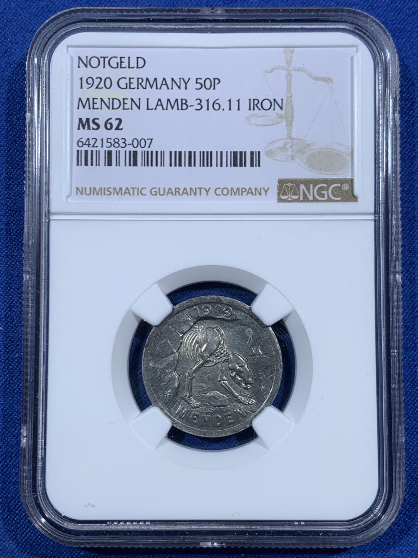 《竞宝斋》第455场 周日，周一 2场连拍 （全场包邮，欢迎送拍） NGC MS62 德国 1920年 50芬尼 德紧 门登洞熊铁币 绝大多数为铝币，铁币少见