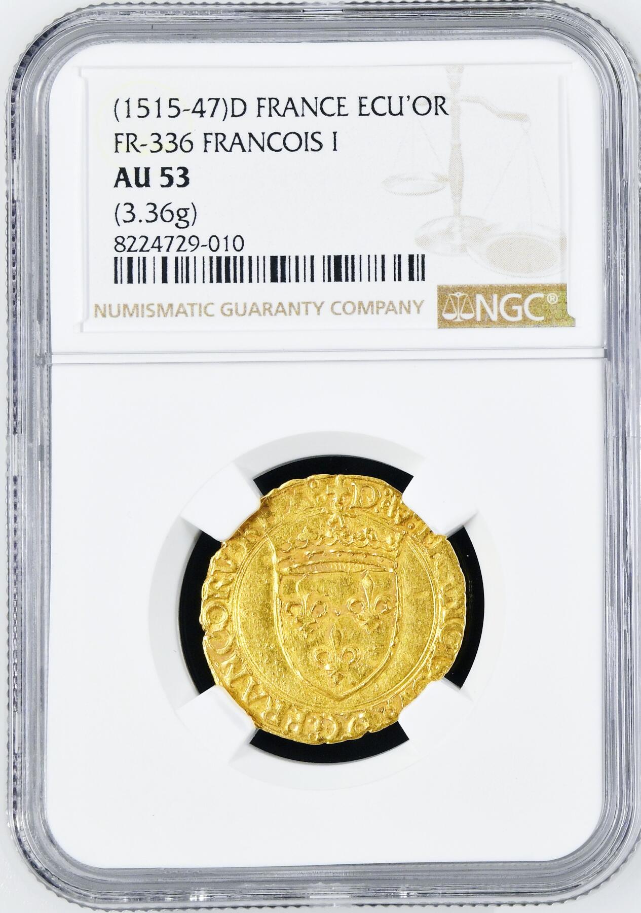 【Blue Auction】世界纸币精拍第772期——18级TOP拍卖/信誉/品质/专业/高效💫  【唯一亚军分 仅1枚更高分】法国1515-47年弗朗索瓦一世金埃居 NGC AU53 盾徽版 François I是法国历史上最著名且受爱戴的国王之一，1535年与奥斯曼帝国结盟，支持北美殖民活动。引入达·芬奇等艺术家，任命其为首席画家并资助定居法国。1539年签署《维尔-科特雷法令》确立法语为官方语言，推动卢浮宫转型艺术收藏机构。