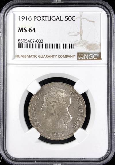 【雨安】【直播拍卖】【第0123期-评级币章】2026-01-10 周六 19:30 - [评级欧洲] Portugal 葡萄牙 共和国 50分 1916年  NGC-MS64