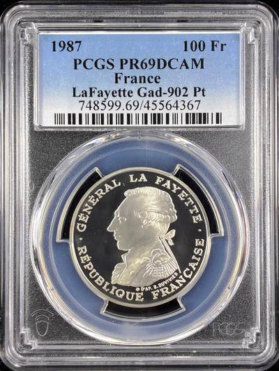 【雨安】【直播拍卖】【第0123期-评级币章】2026-01-10 周六 19:30 - [金铂金币] [铂金] France 法国 100法郎 1987年 拉法耶特 [20.00 g.,  0.999 Platinum] PCGS-PR69DCAM 精制币