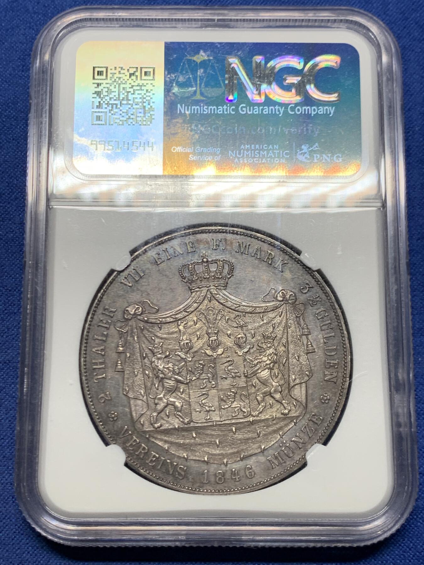 《竞宝斋》第455场 周日，周一 2场连拍 （全场包邮，欢迎送拍） NGC MS62 德国 1846年 罗伊斯公国 2泰勒大银币 仅2650枚的发行量 深彩包浆 PL质感 更高分只有2枚