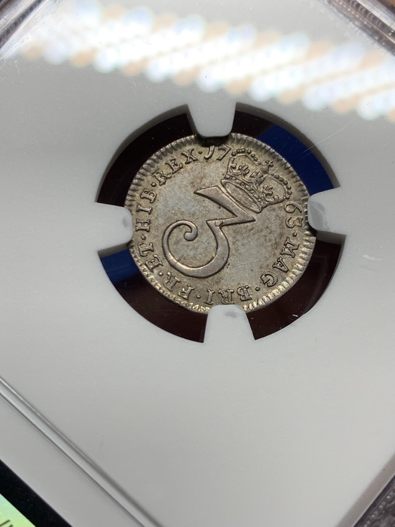 《竞宝斋》第455场 周日，周一 2场连拍 （全场包邮，欢迎送拍） NGC UNCD 英国1763年乔治三世3便士银币，濯足节系列银币，带点淡彩，细节很好，性价比高