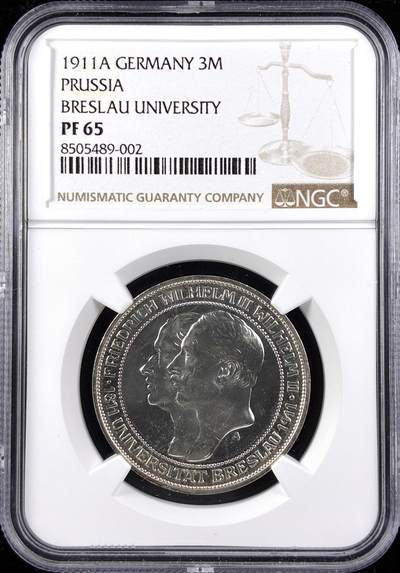 【雨安】【直播拍卖】【第0123期-评级币章】2026-01-10 周六 19:30 - [评级德国] Germany 德国 帝国 J.108 普鲁士 3马克 (1911) 弗罗茨瓦夫大学 1911年 NGC-PF65 精制币