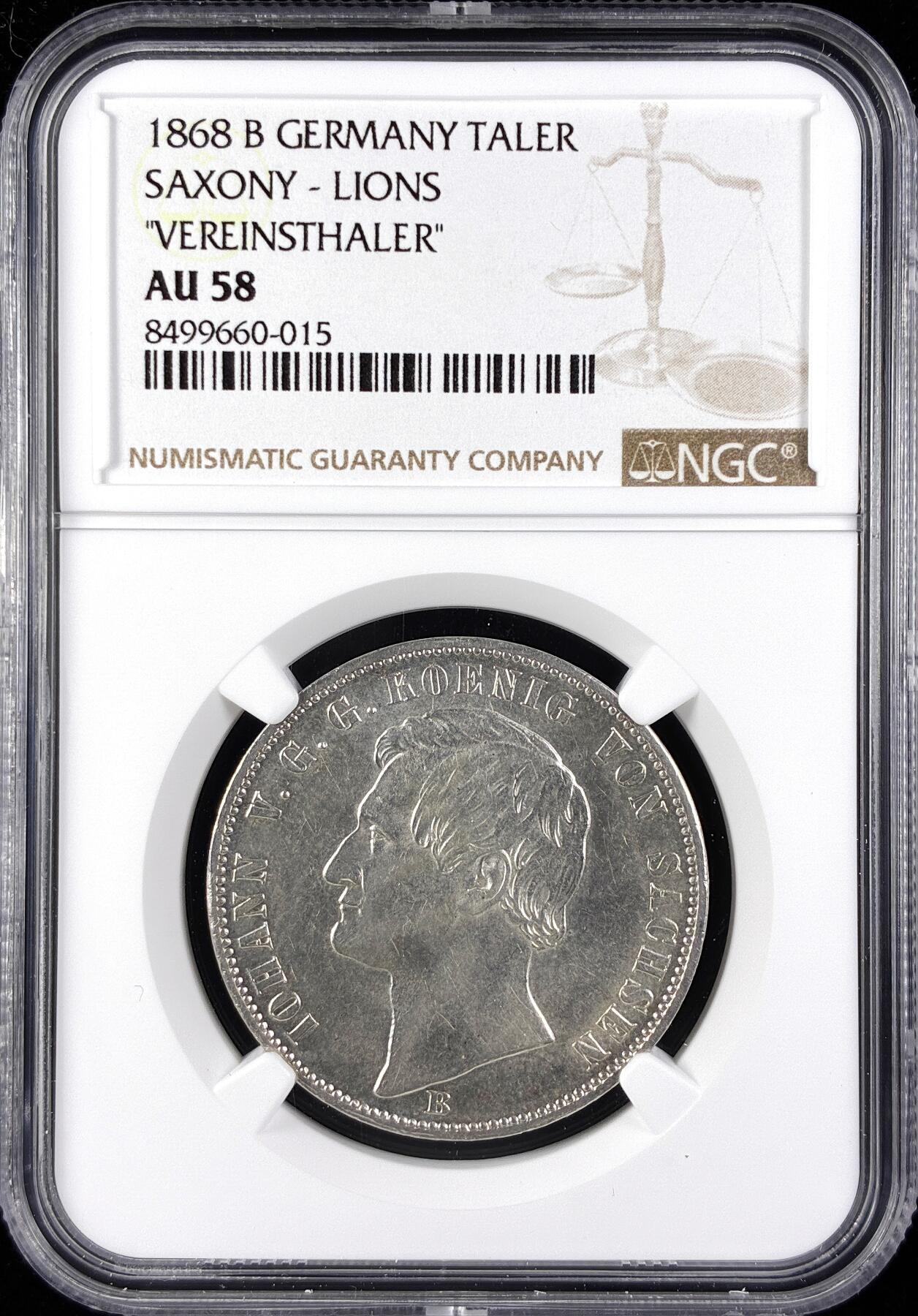 【雨安】【直播拍卖】【第0123期-评级币章】2026-01-10 周六 19:30 [评级德国] Germany 德国 德意志 1泰勒 Saxony萨克森 Thun.348 KM#1214 (1861-1871) 双狮.内圈 1868年  NGC-AU58 光度极好, 严评, 有MS的感觉