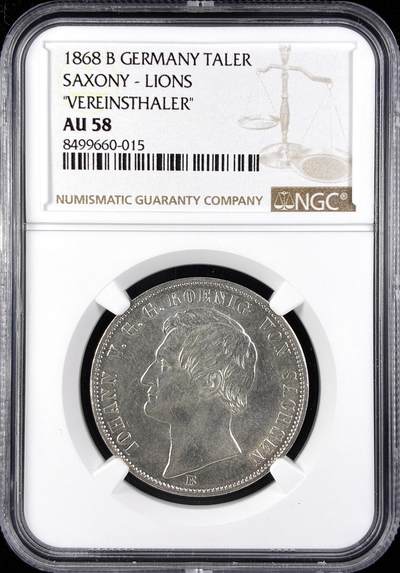 【雨安】【直播拍卖】【第0123期-评级币章】2026-01-10 周六 19:30 - [评级德国] Germany 德国 德意志 1泰勒 Saxony萨克森 Thun.348 KM#1214 (1861-1871) 双狮.内圈 1868年  NGC-AU58 光度极好, 严评, 有MS的感觉