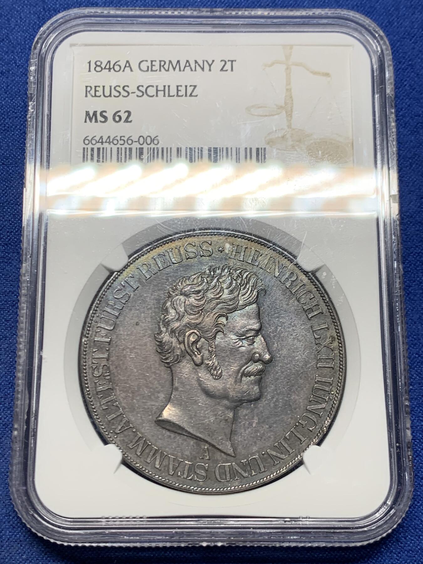 《竞宝斋》第455场 周日，周一 2场连拍 （全场包邮，欢迎送拍） NGC MS62 德国 1846年 罗伊斯公国 2泰勒大银币 仅2650枚的发行量 深彩包浆 PL质感 更高分只有2枚