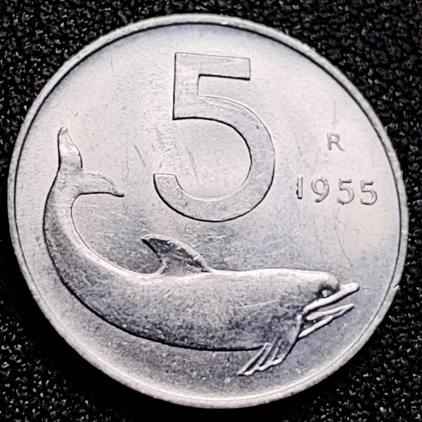 泉币菌-第165场-新年第八场 精品福利场 原光 1955年 意大利 5分铝制硬币 海豚 20mm 纪念币铜钱 纪念币铜钱