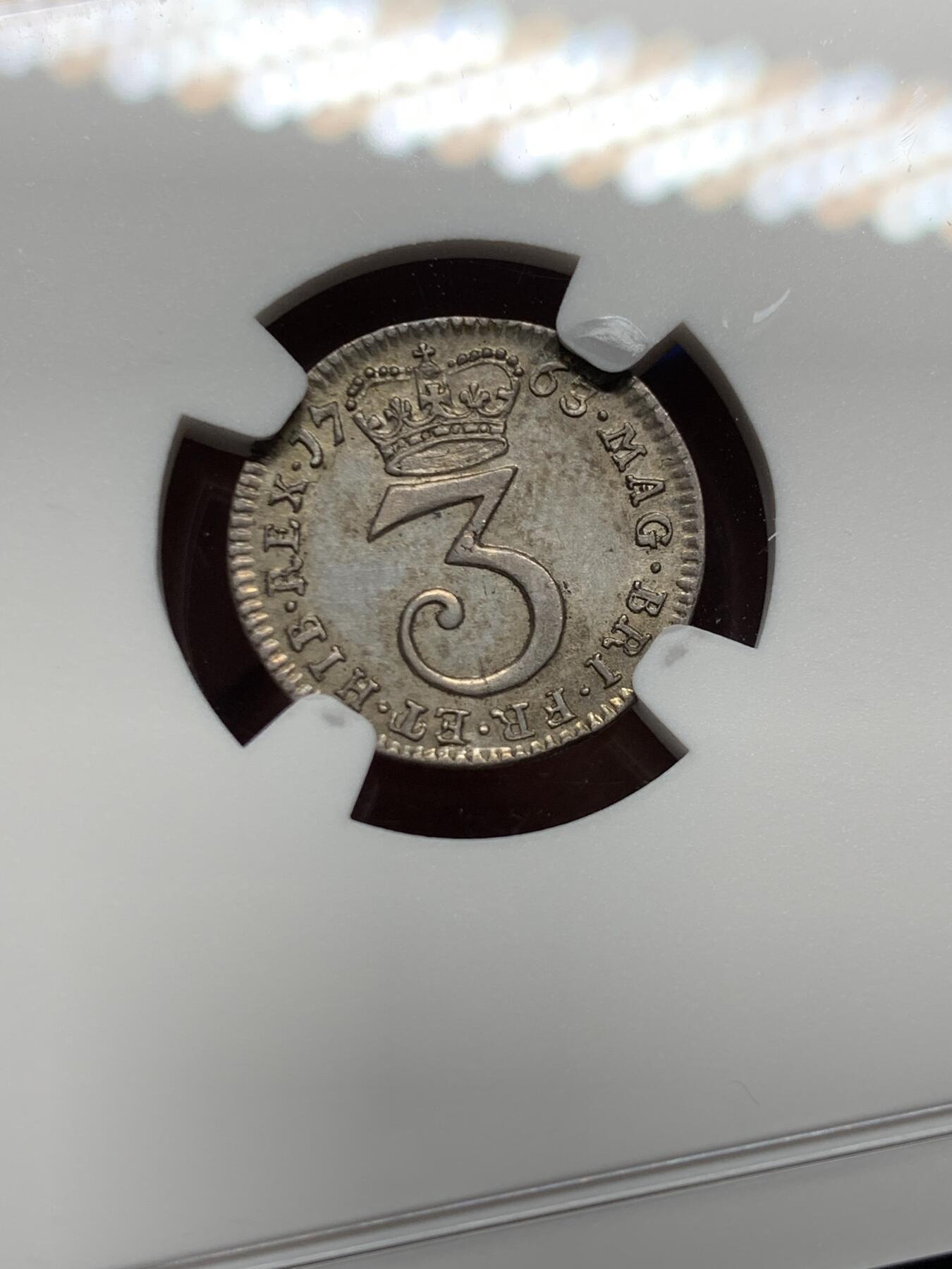 《竞宝斋》第455场 周日，周一 2场连拍 （全场包邮，欢迎送拍） NGC UNCD 英国1763年乔治三世3便士银币，濯足节系列银币，带点淡彩，细节很好，性价比高