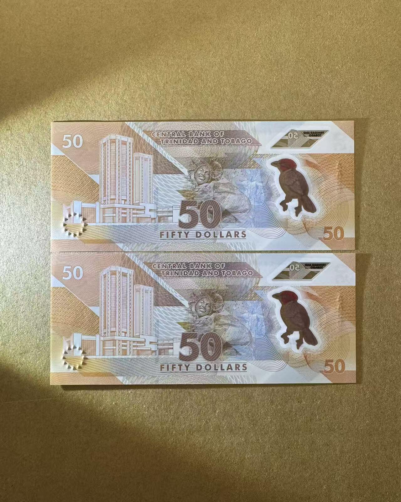 【Blue Auction】世界纸币精拍第772期——18级TOP拍卖/信誉/品质/专业/高效💫 【一组2张AA冠连号】特立尼达和多巴哥 50元 塑料钞 全新UNC