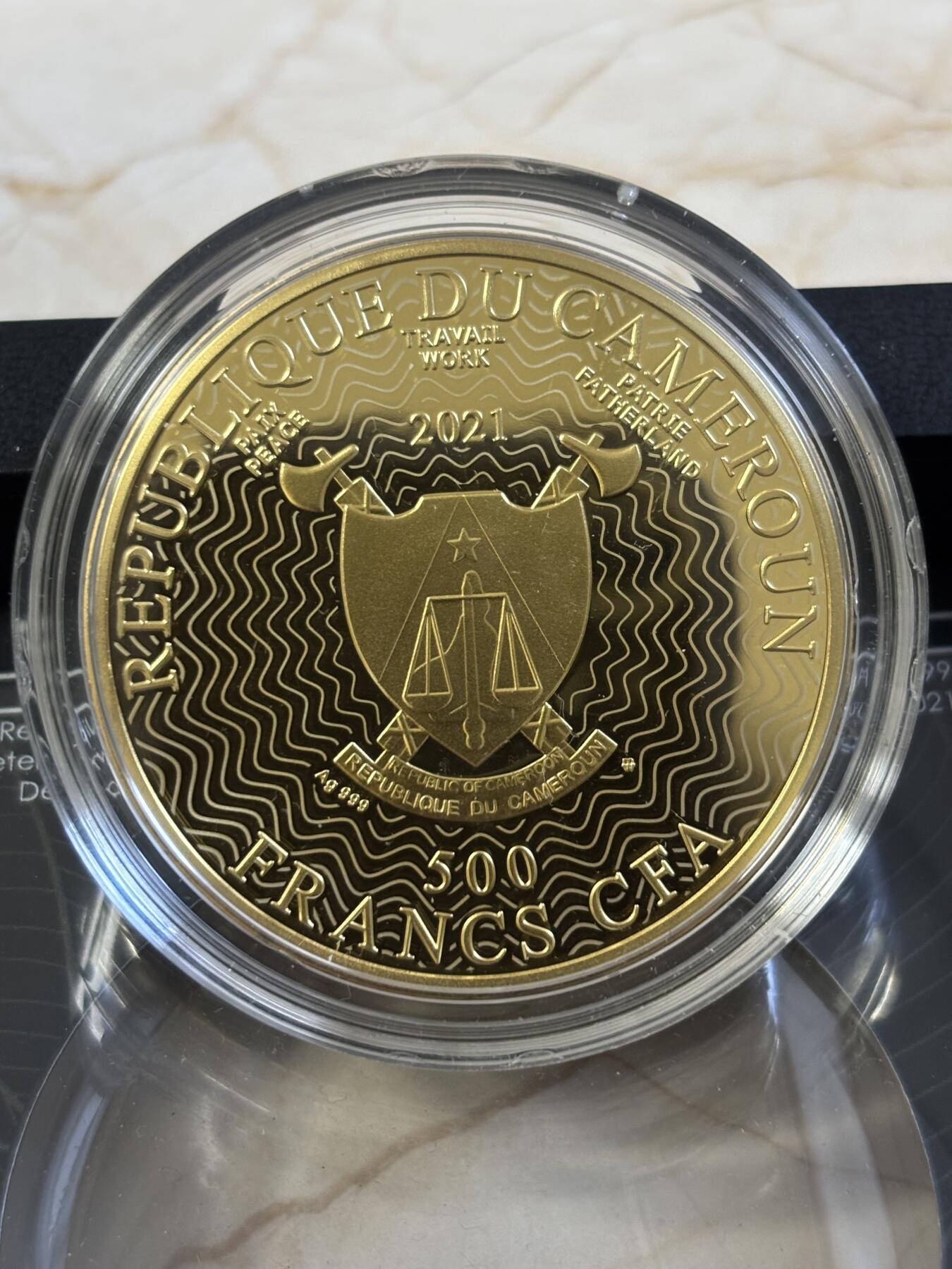 第187期拍卖 喀麦隆2021年幸运树2镶嵌彩色精制双面镀金银币17.5克，999银，发行550枚