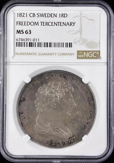 【雨安】【直播拍卖】【第0123期-评级币章】2026-01-10 周六 19:30 - [评级欧洲] Sweden 瑞典 1达勒 1821年 卡尔十四世·约翰 政治信仰自由  NGC-MS63 罕见MS品种