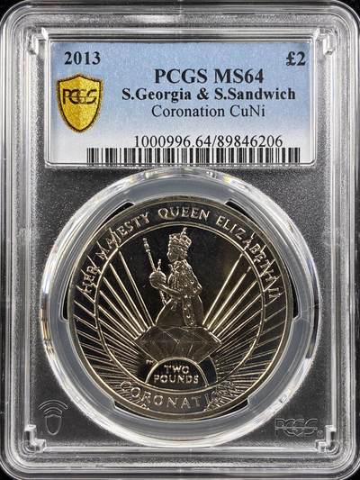 【雨安】【直播拍卖】【第0123期-评级币章】2026-01-10 周六 19:30 - [评级现代] S.Georgia & S.Sandwich 南乔治亚岛和南桑威奇群岛 2镑 2013年 登基纪念  PCGS-MS64