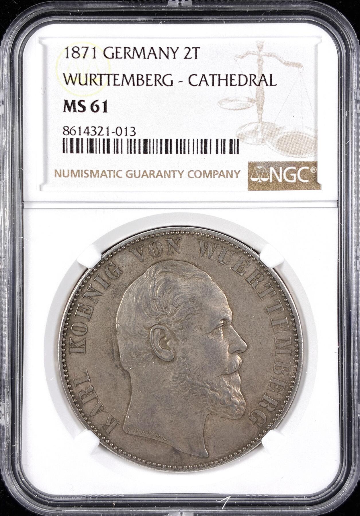 【雨安】【直播拍卖】【第0123期-评级币章】2026-01-10 周六 19:30 [评级德国] Germany 德国 德意志 2泰勒 Wurttemberg符腾堡 Thun.442 KM#0618 (1869-1871) 乌尔姆教堂 1871年  NGC-MS61 大名誉品种