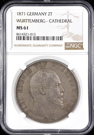 【雨安】【直播拍卖】【第0123期-评级币章】2026-01-10 周六 19:30 - [评级德国] Germany 德国 德意志 2泰勒 Wurttemberg符腾堡 Thun.442 KM#0618 (1869-1871) 乌尔姆教堂 1871年  NGC-MS61 大名誉品种