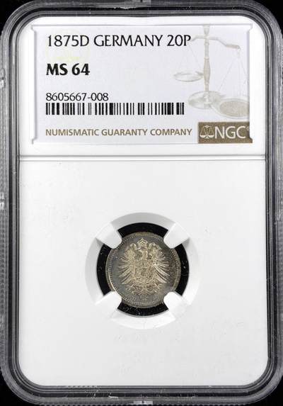 【雨安】【直播拍卖】【第0123期-评级币章】2026-01-10 周六 19:30 - [评级德国] Germany 德国 帝国 20芬尼 1875年D  NGC-MS64