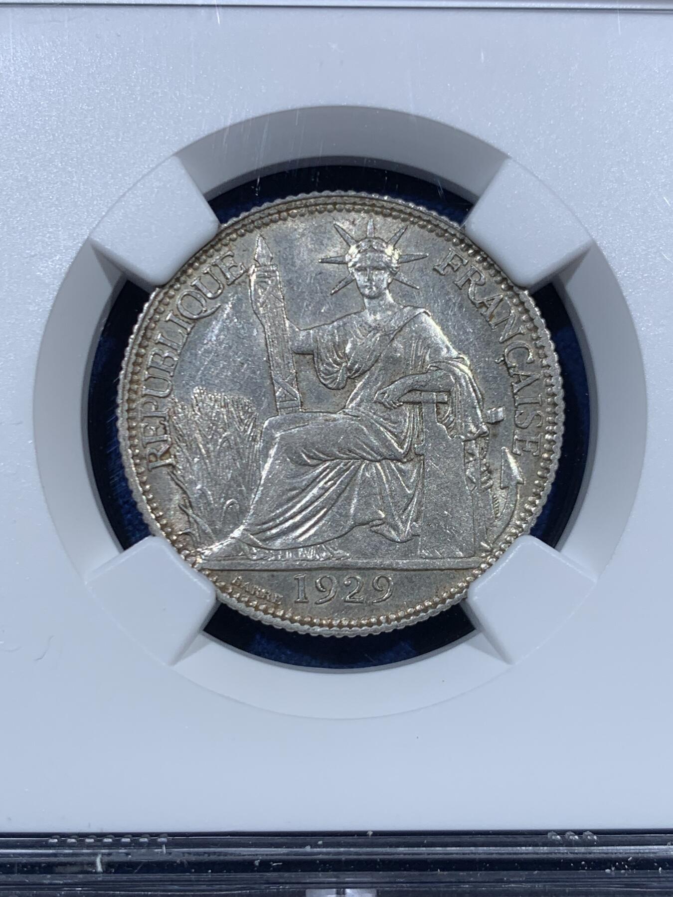 《竞宝斋》第455场 周日，周一 2场连拍 （全场包邮，欢迎送拍） NGC UNCD 法属印支1929年A版坐洋20分银币