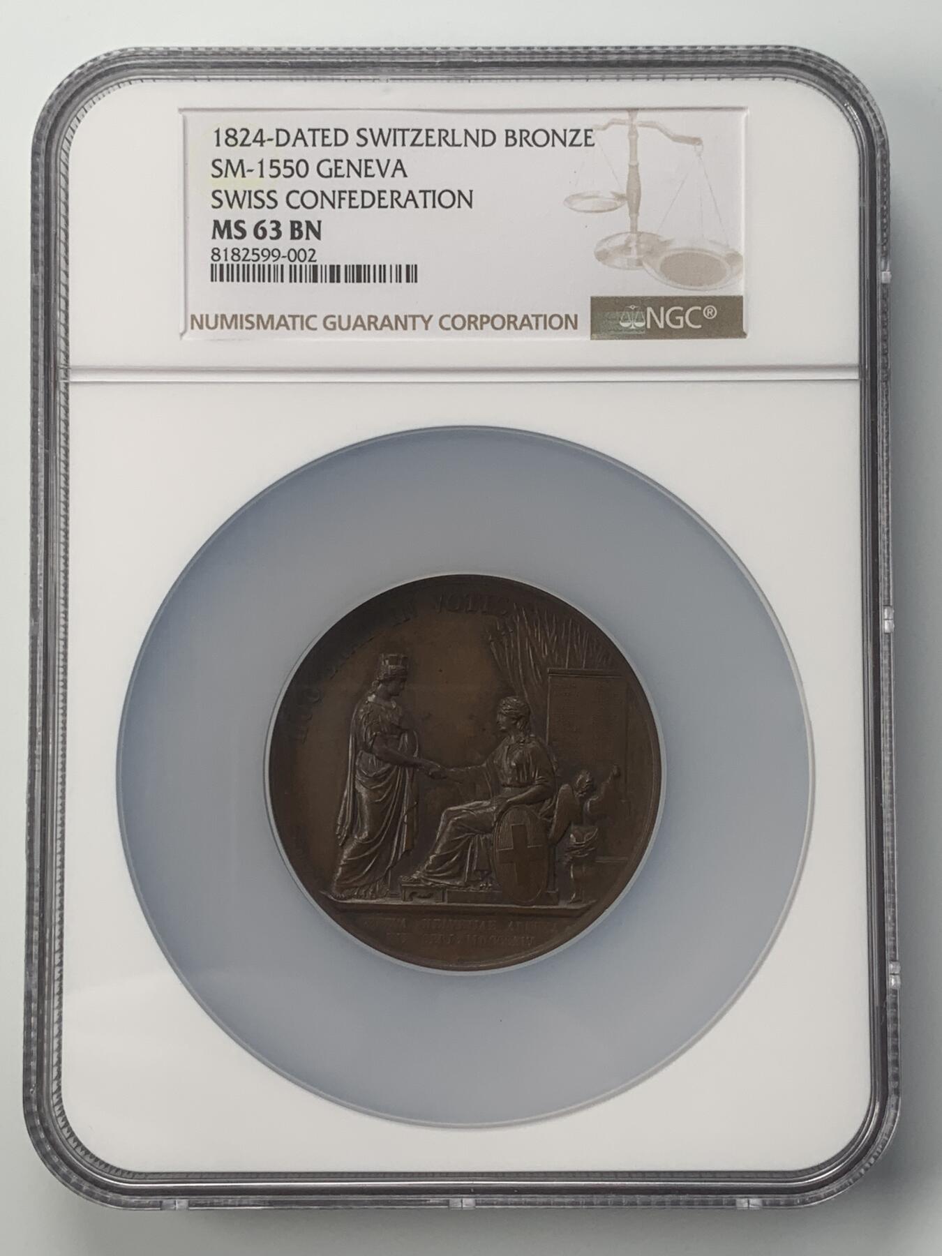 掌中浮雕-藏着的欧洲第048场 NGC MS63 : 1824年日内瓦加入瑞士邦联10周年纪念铜章，57mm