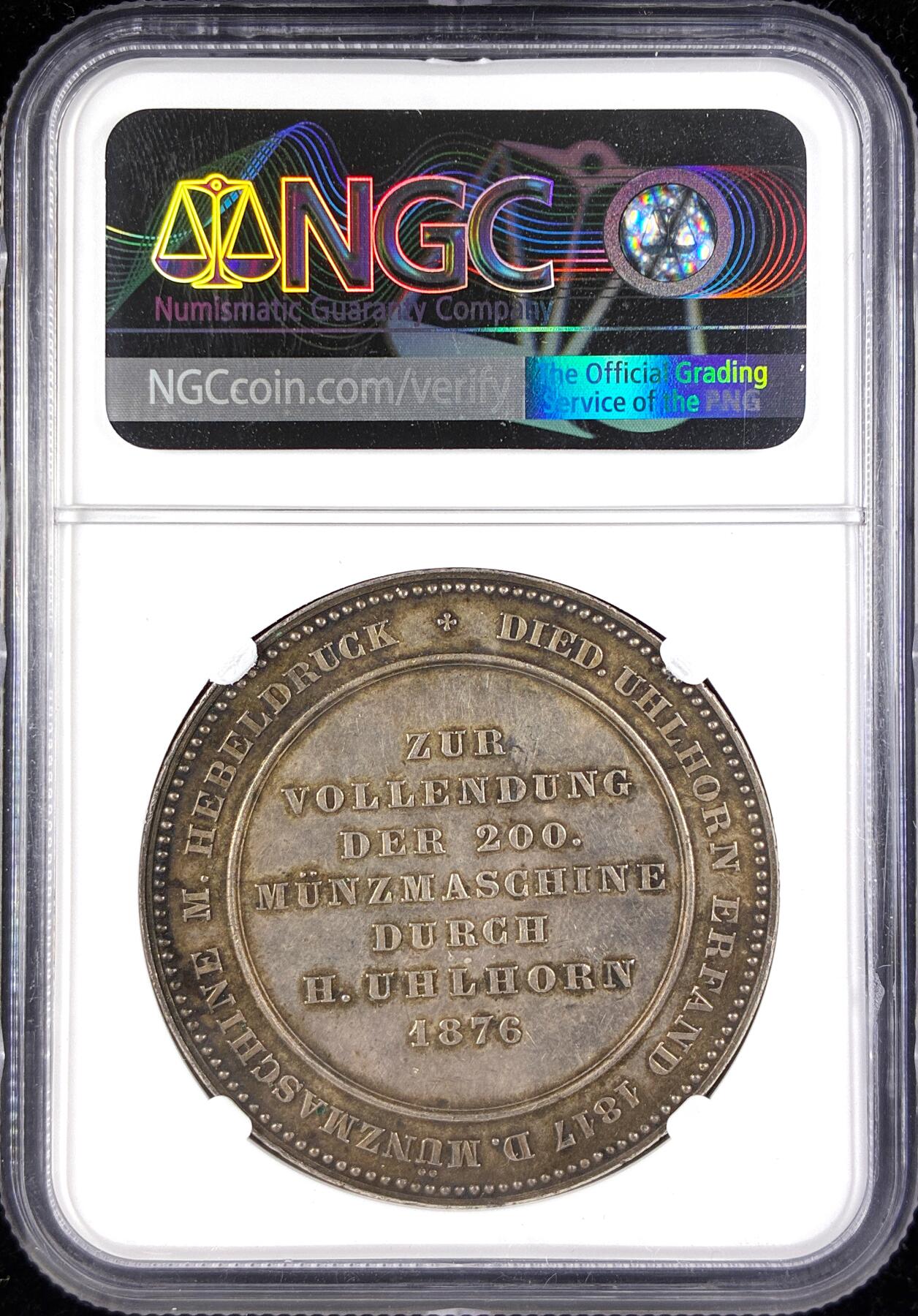 【雨安】【直播拍卖】【第0123期-评级币章】2026-01-10 周六 19:30 [评级章] Germany [章] 德国 1876年 著名发明家乌尔霍恩 银章  NGC-MS63