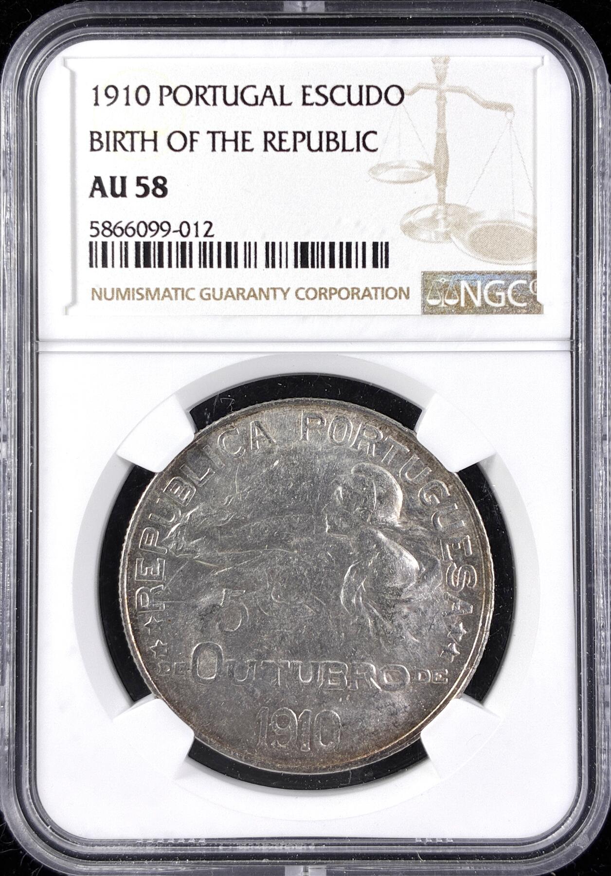 【雨安】【直播拍卖】【第0123期-评级币章】2026-01-10 周六 19:30 [评级欧洲] Portugal 葡萄牙 共和国 1埃斯库多 1910年 共和国诞生  NGC-AU58