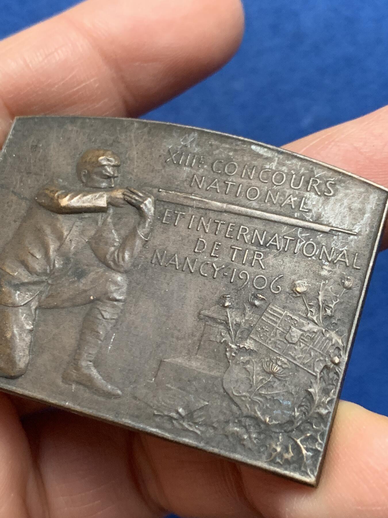 《竞宝斋》第455场 周日，周一 2场连拍 （全场包邮，欢迎送拍） 1906年法国南希国际射击比赛铜章 36克 38*50.2mm 丰饶角铜标