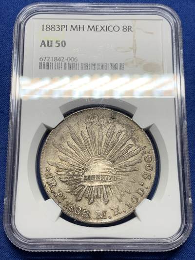 《竞宝斋》第454场 周日，周一 2场连拍 （全场包邮，欢迎送拍） - NGC AU50 墨西哥1883年PI厂鹰洋8R银币，pi厂数量较少，银币透骨老包浆，并带底光，出分不易，不容错过
