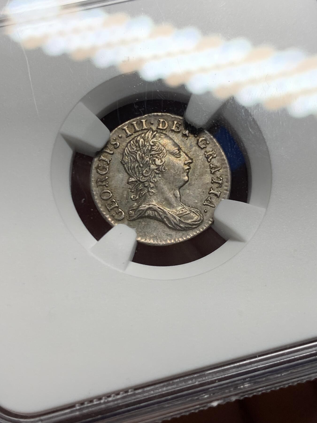 《竞宝斋》第455场 周日，周一 2场连拍 （全场包邮，欢迎送拍） NGC UNCD 英国1763年乔治三世3便士银币，濯足节系列银币，带点淡彩，细节很好，性价比高