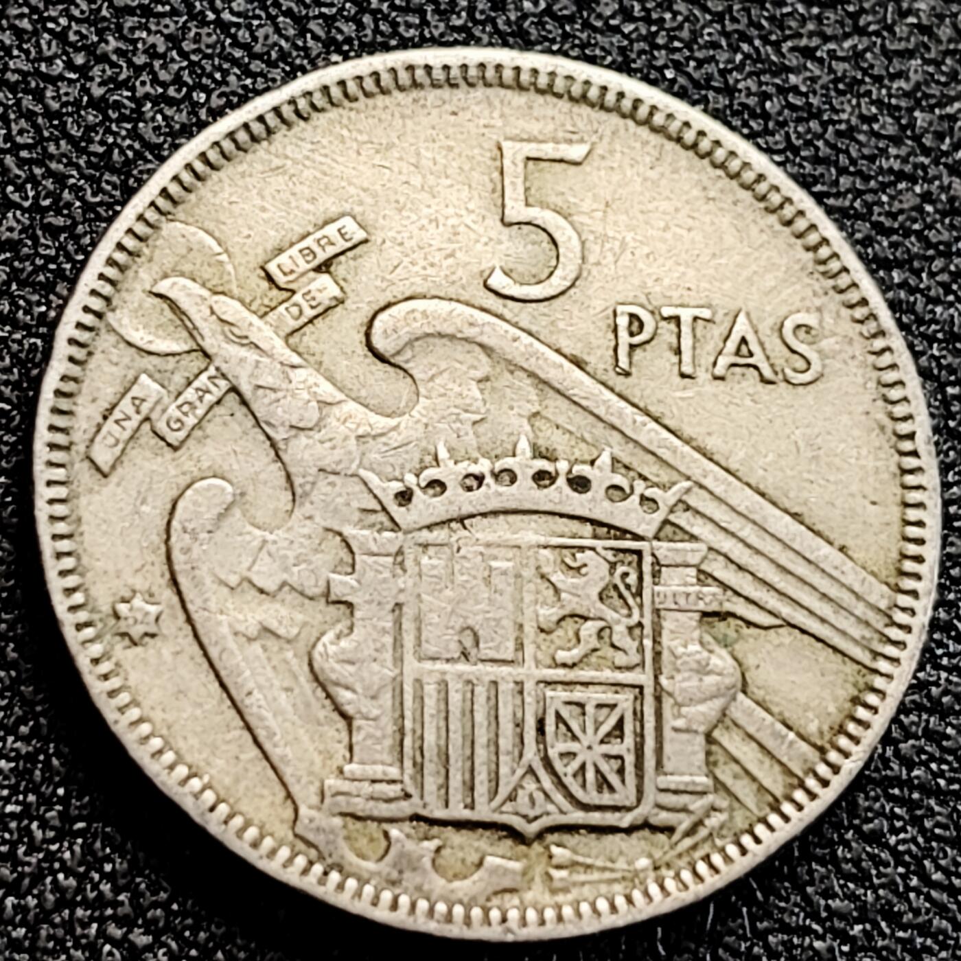 泉币菌-第164场-新年第七场 精品福利场 西班牙5比塞塔 鹰 独裁者佛朗哥 铜镍币23mm