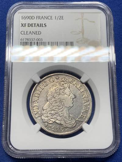 《竞宝斋》第455场 周日，周一 2场连拍 （全场包邮，欢迎送拍） - NGC XFD 法国 1690年-D版 1/2埃居 银币 太阳王路易十四在位时期发行 细节不错 包浆自然 法系经典品种 细节见图