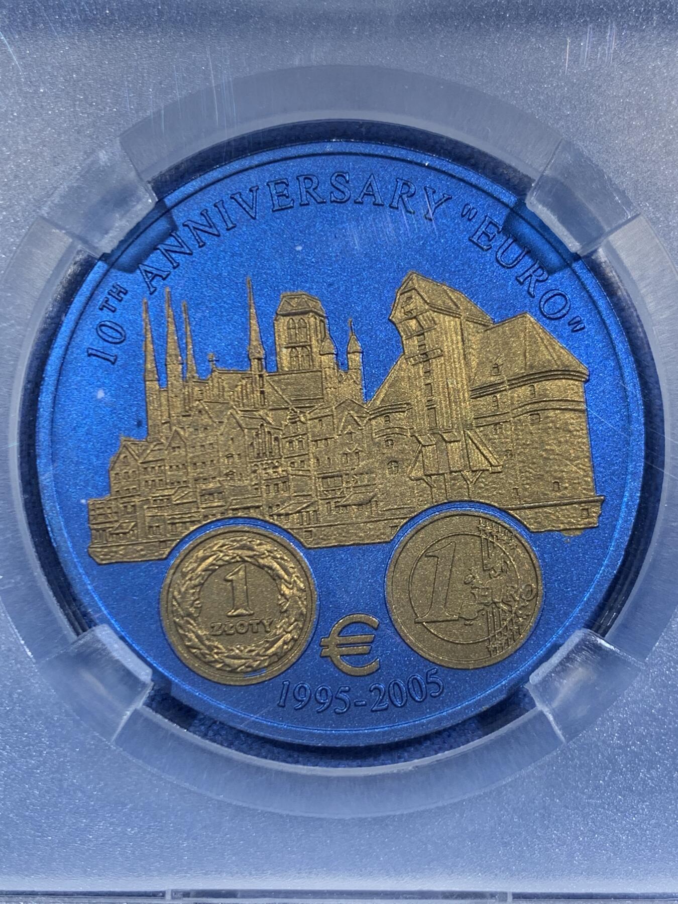 《竞宝斋》第455场 周日，周一 2场连拍 （全场包邮，欢迎送拍） TQG MS69 利比里亚2006年欧元10周年系列-波兰5元铌币 999铌 7.78克