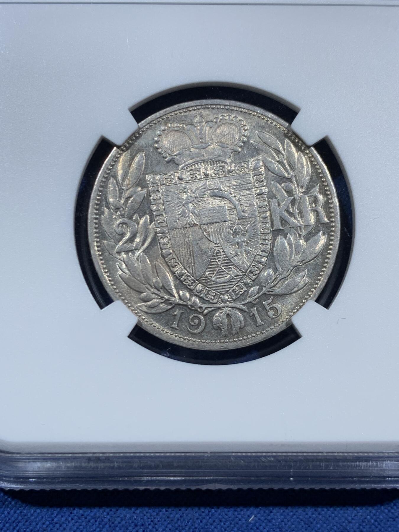 《竞宝斋》第455场 周日，周一 2场连拍 （全场包邮，欢迎送拍） NGC MS61 列支敦士登1915年约翰二世2克朗银币 发行量37500枚