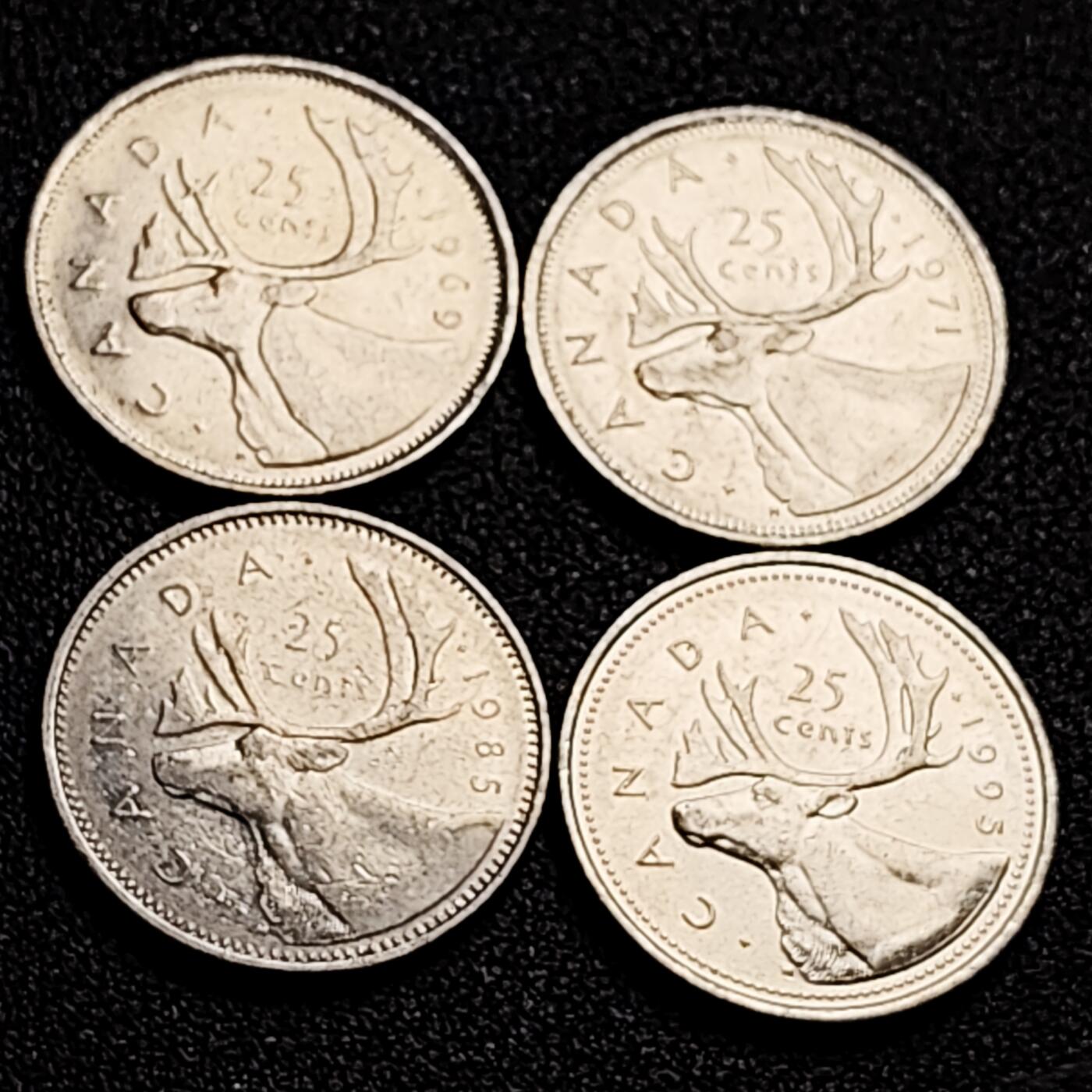 泉币菌-第165场-新年第八场 精品福利场 高币值 一加元 一组4枚 加拿大驯鹿1/4元 英国伊丽莎白二世女王像 23.9mm