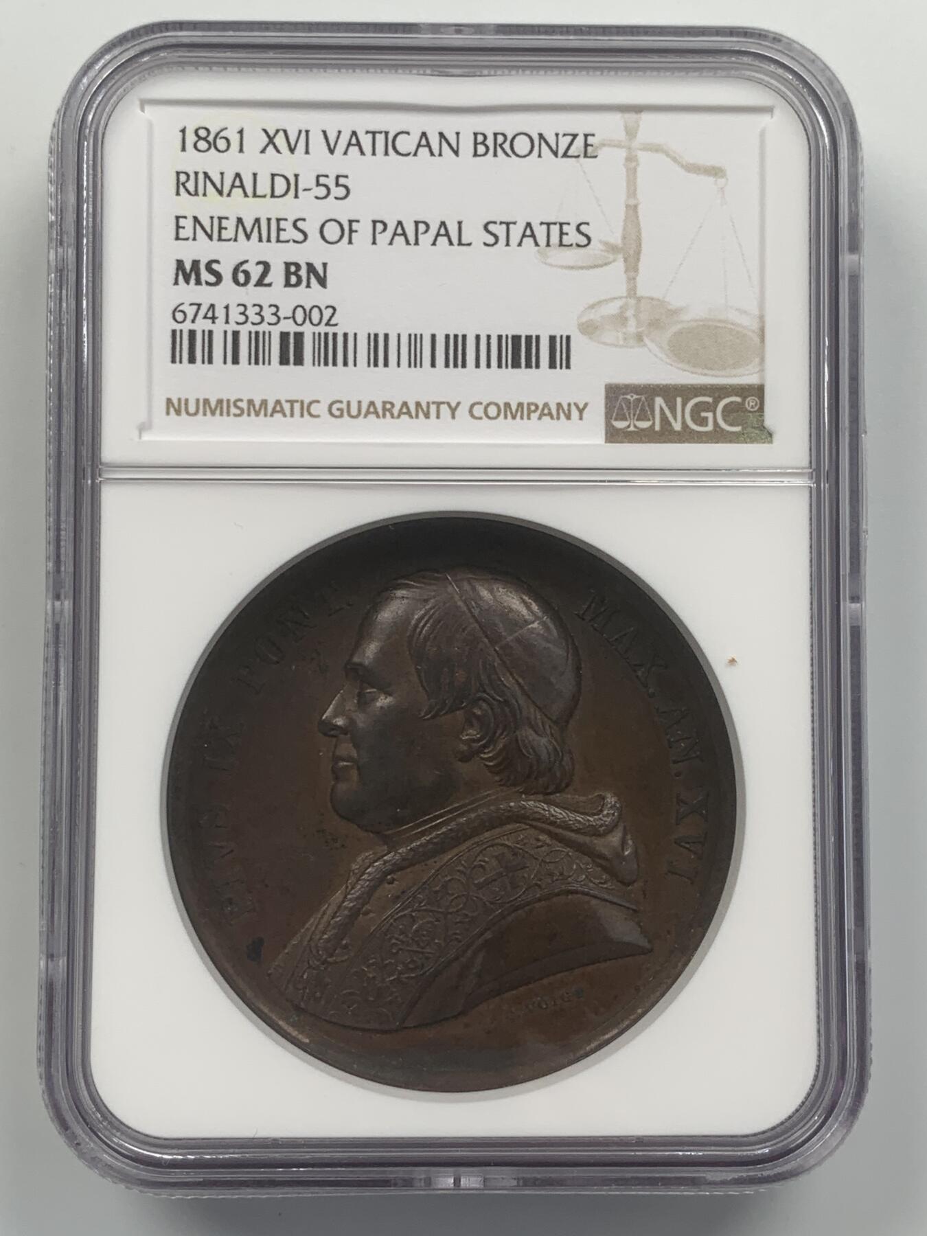 掌中浮雕-藏着的欧洲第048场 NGC MS62 ：教皇国梵蒂冈1861年庇护九世铜质奖章，44mm