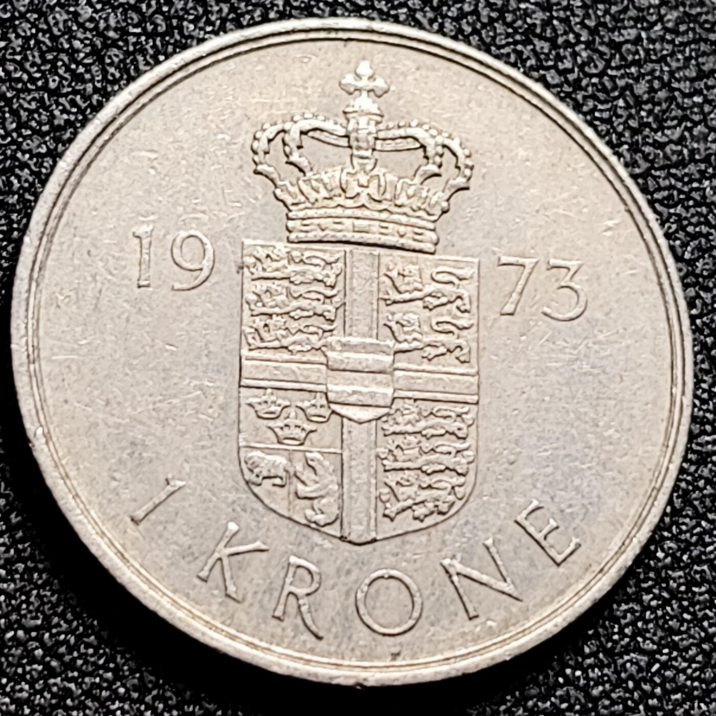 泉币菌-第165场-新年第八场 精品福利场 丹麦1973年1克朗 皇冠 玛格丽特二世女王 BB版 铜镍币 25.5mm
