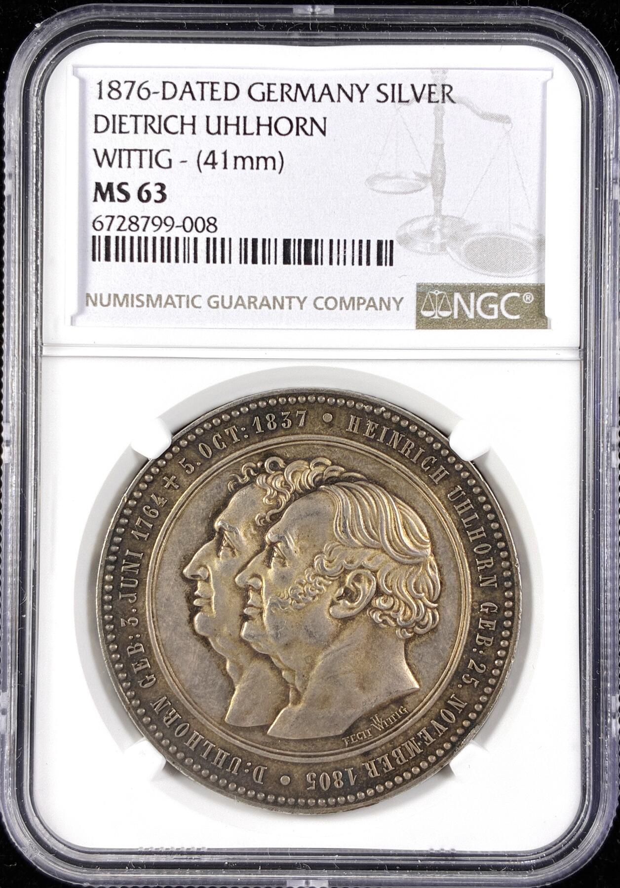 【雨安】【直播拍卖】【第0123期-评级币章】2026-01-10 周六 19:30 [评级章] Germany [章] 德国 1876年 著名发明家乌尔霍恩 银章  NGC-MS63