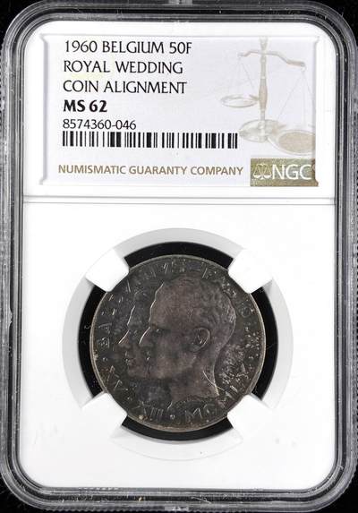 【雨安】【直播拍卖】【第0123期-评级币章】2026-01-10 周六 19:30 - [评级欧洲] Belgium 比利时 50法郎 1960年 皇室婚礼  NGC-MS62