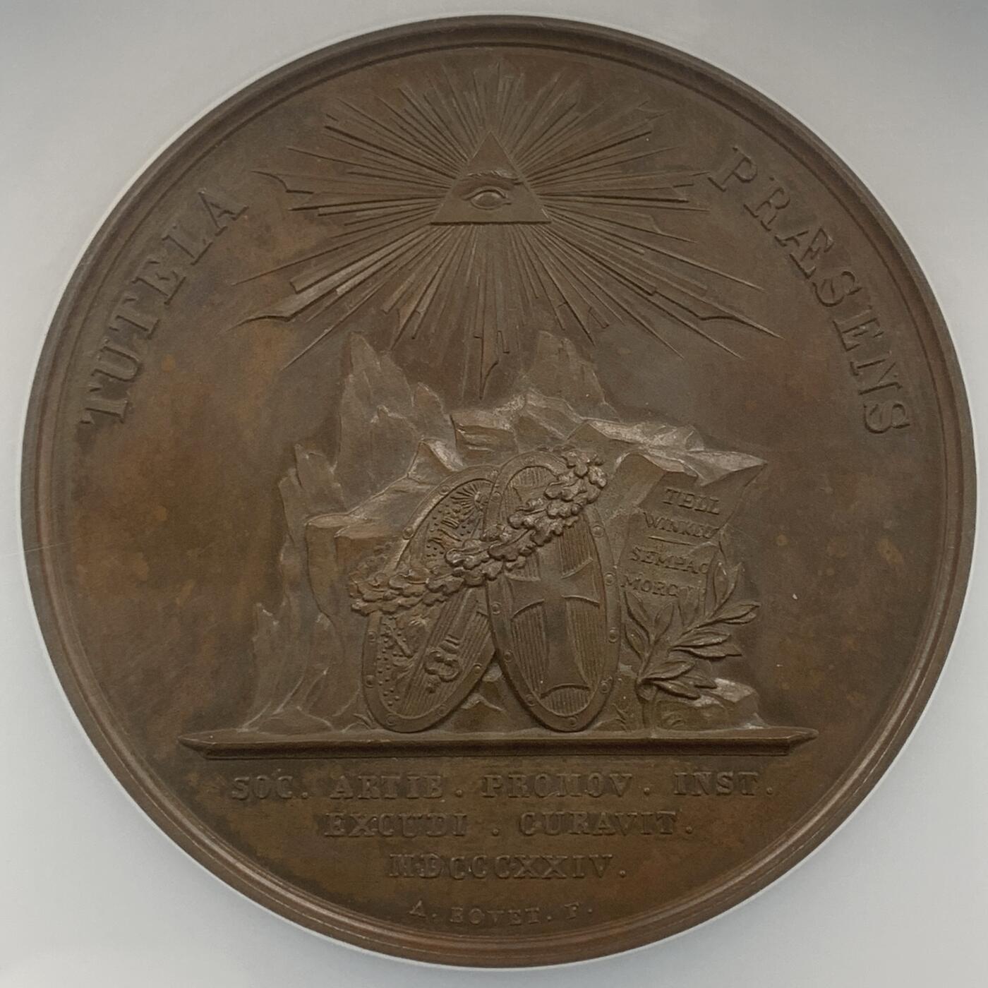 掌中浮雕-藏着的欧洲第048场 NGC MS63 : 1824年日内瓦加入瑞士邦联10周年纪念铜章，57mm