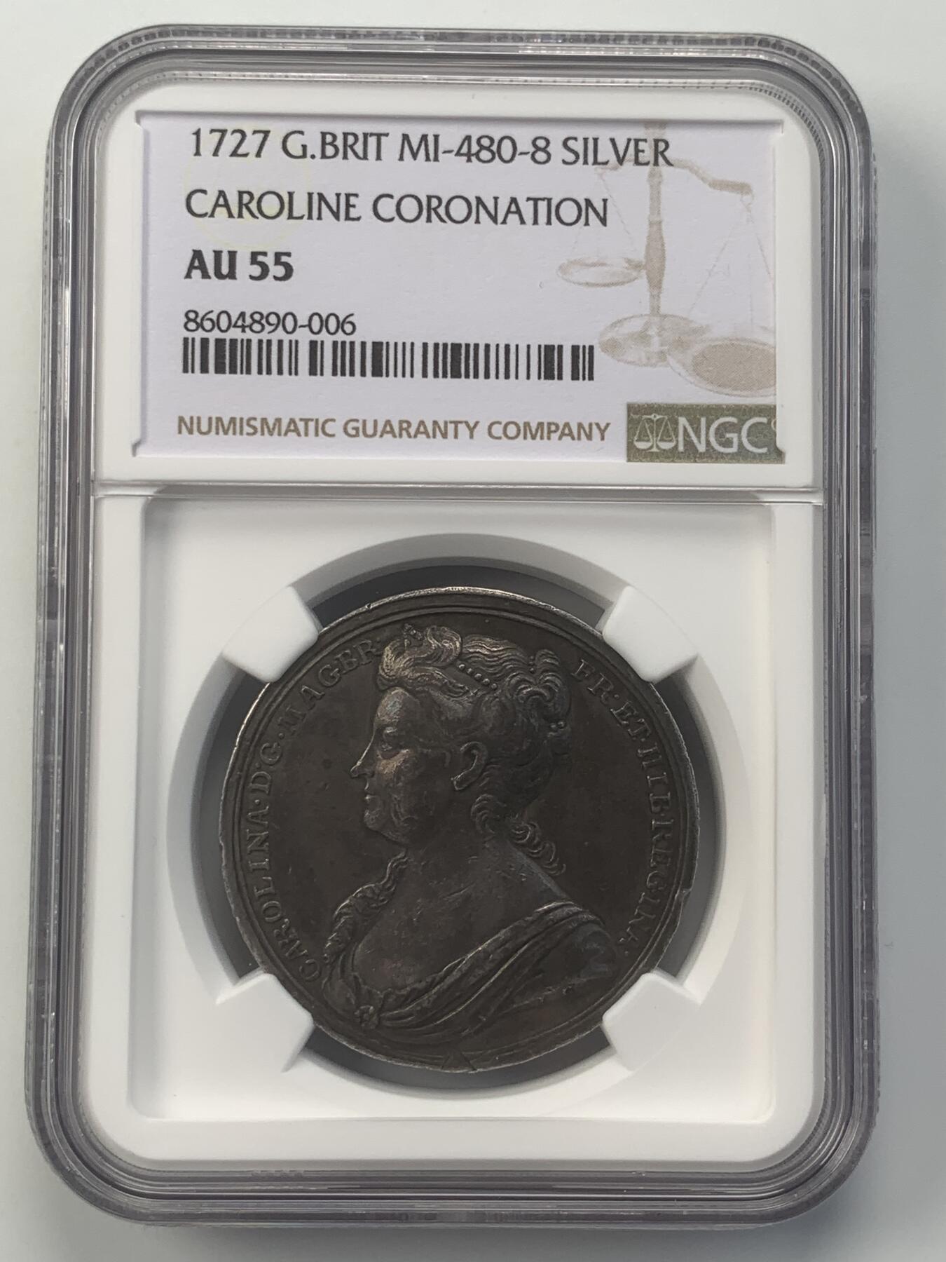 掌中浮雕-藏着的欧洲第048场 NGC AU55 ：1727年英国王后卡洛琳加冕纪念银章，35mm，发行量仅四百枚