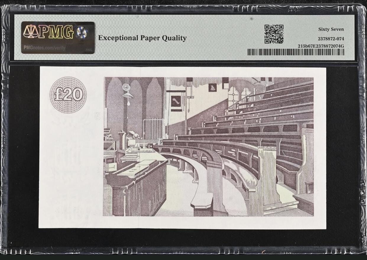 【礼羽收藏】🌏世界钱币拍卖第118期 1985年苏格兰克莱斯戴尔银行20镑，PMG67高分亚军分只有6张，仅一张更高分！正面开尔文教授，背面为其上课的教室