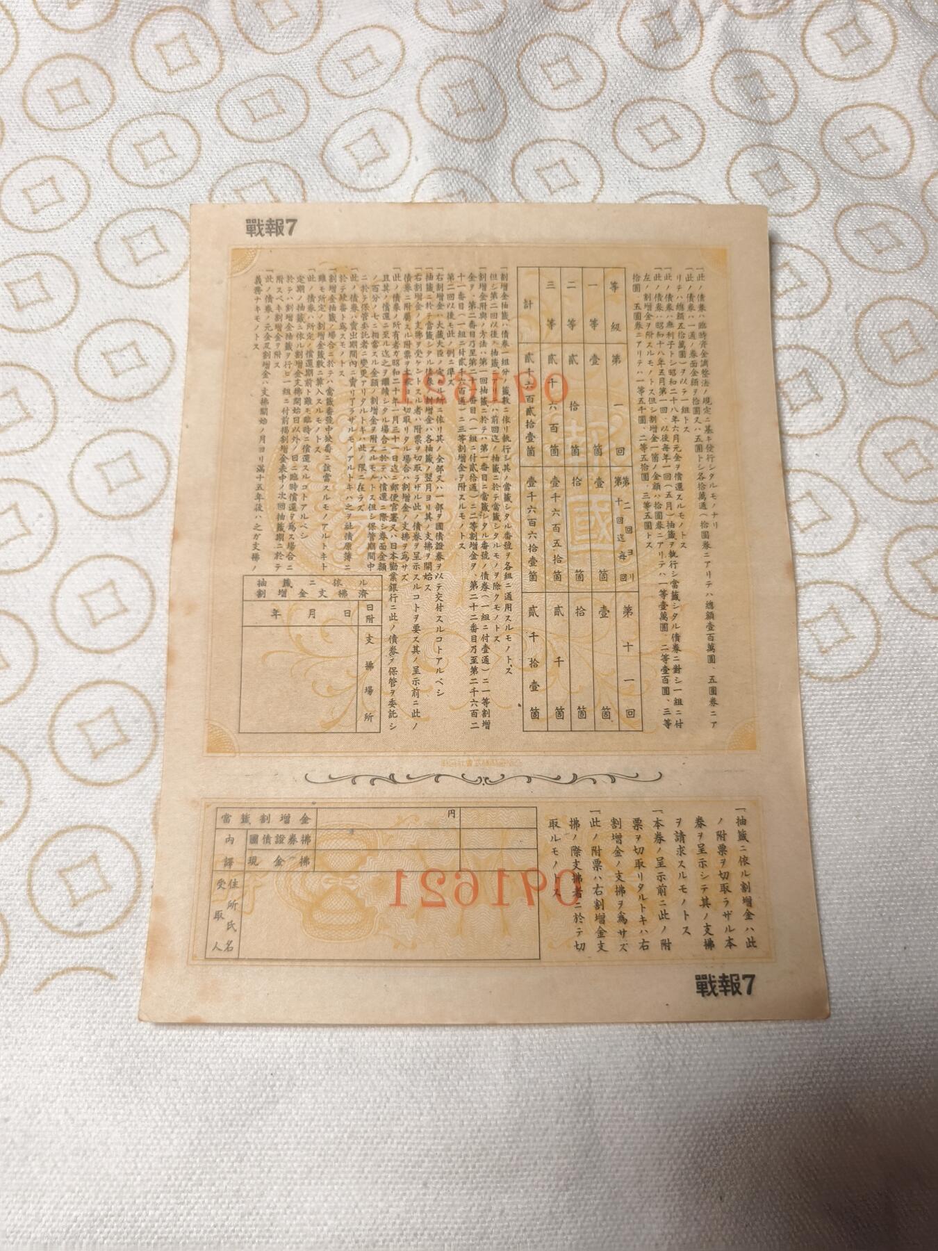 抚柳草堂-第六期章牌钱币 奖章勋章限时免佣 满百包邮 放漏专场 1941日本战时报国债券金十圆 带大东亚战争的富士山樱花印章 侵略铁证 纸板硬挺品相不错永久保真