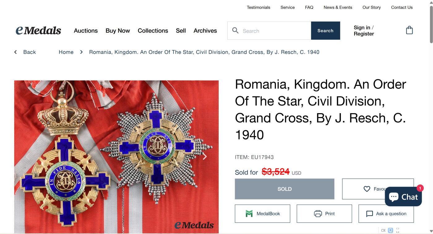 盛世勋华——号角文化勋章邮票专场拍卖第297期 罗马尼亚王国大十字级罗马尼亚之星勋章 第一版 1940年代生产 银质带银标厂标 带原盒 品相极佳 顶级收藏 eMedals同款拍卖售价3524美元 参见图14