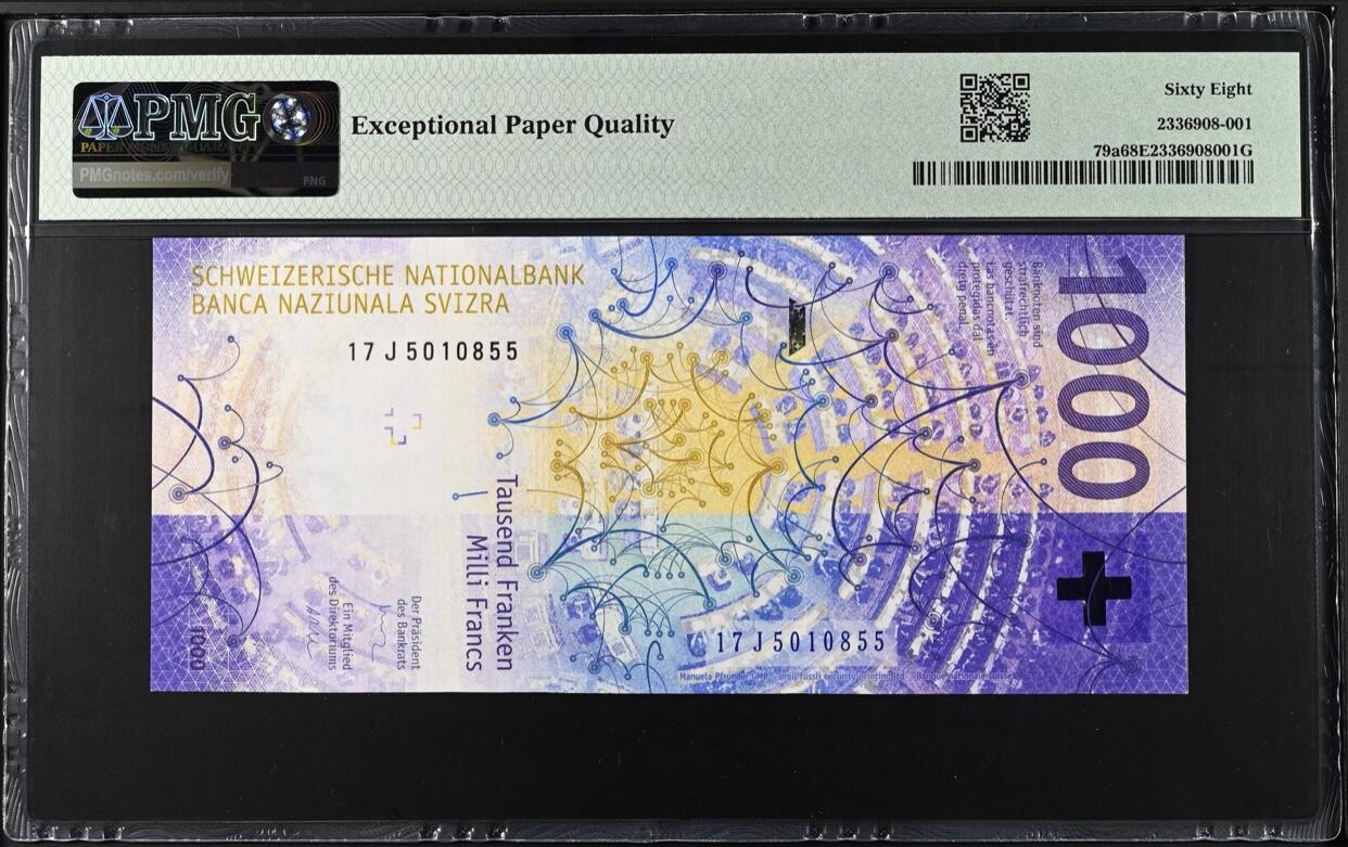 【礼羽收藏】🌏世界钱币拍卖第118期 【17J5010855】2017年瑞士手版1000法郎纸币  无47号码 PMG68分 高分良好 只有3张更高分 值得收藏