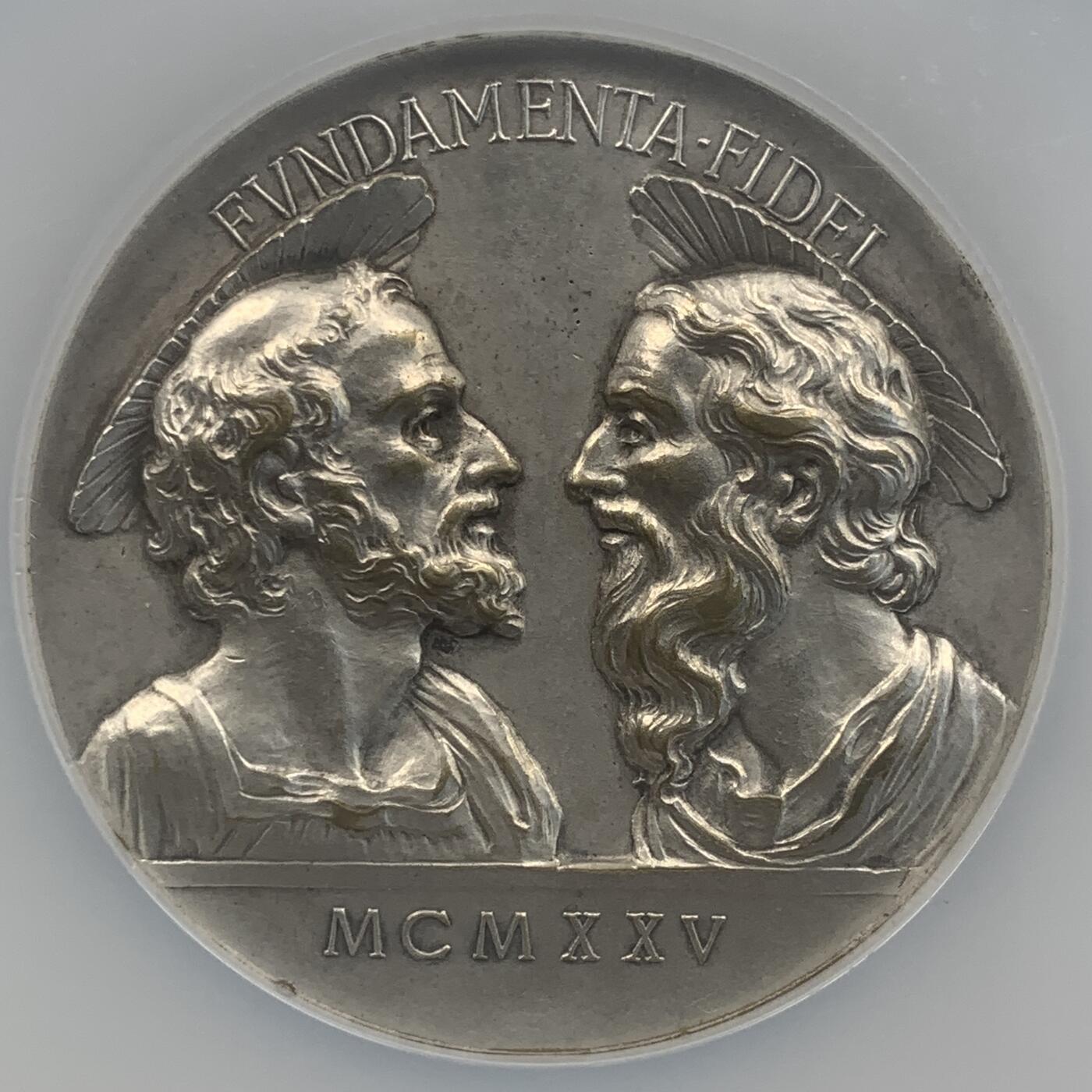 掌中浮雕-藏着的欧洲第048场 NGC MS61 : 1925年梵蒂冈教皇庇护十一世镀银铜章，55mm，评级盒子边缘有破损（如图）